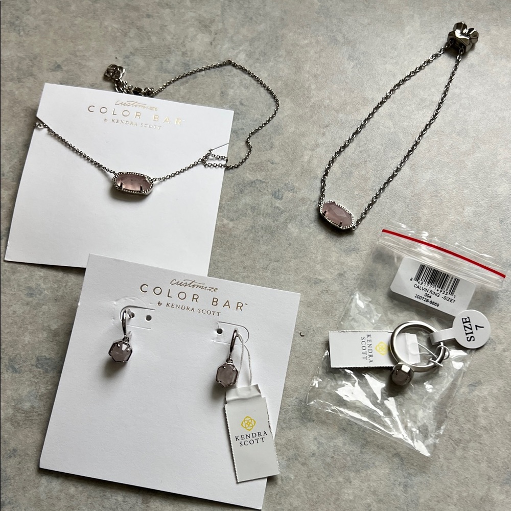 NWT * Kendra Scott Silver Necklace, Bracelet, Ring and Earrings with Pink Stones